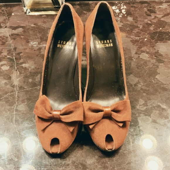 Stuart Weitzman Brown Suede Peep Toe Wedge Marble Heel Bow Tie Accent sz 4.5 - Picture 11 of 16